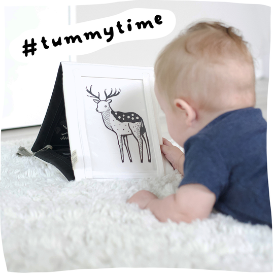 Baby on tummy gripping a soft board with card showing a deer. It is a tummy time gallery tied up into the triangle shape.