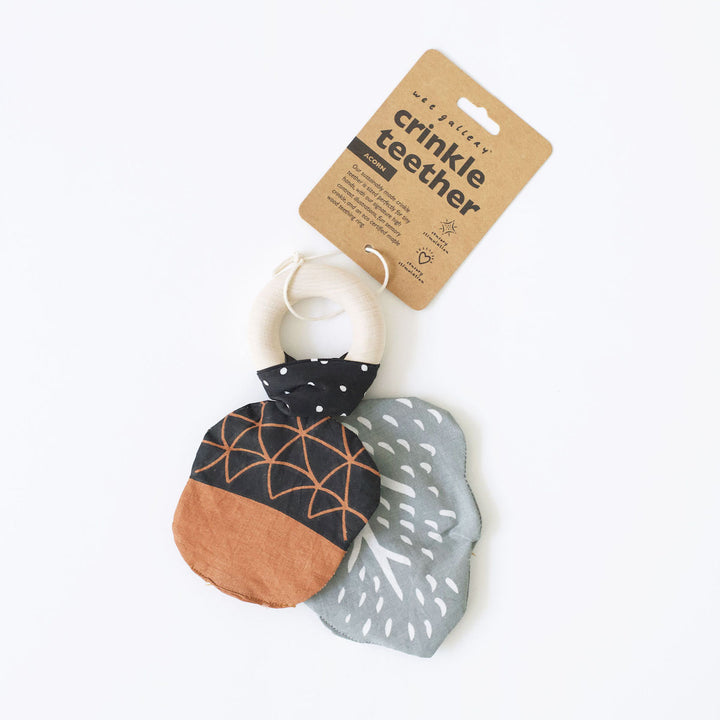 Acorn and Leaf fabric with crinkle paper, wooden teething ring crinkle teether.