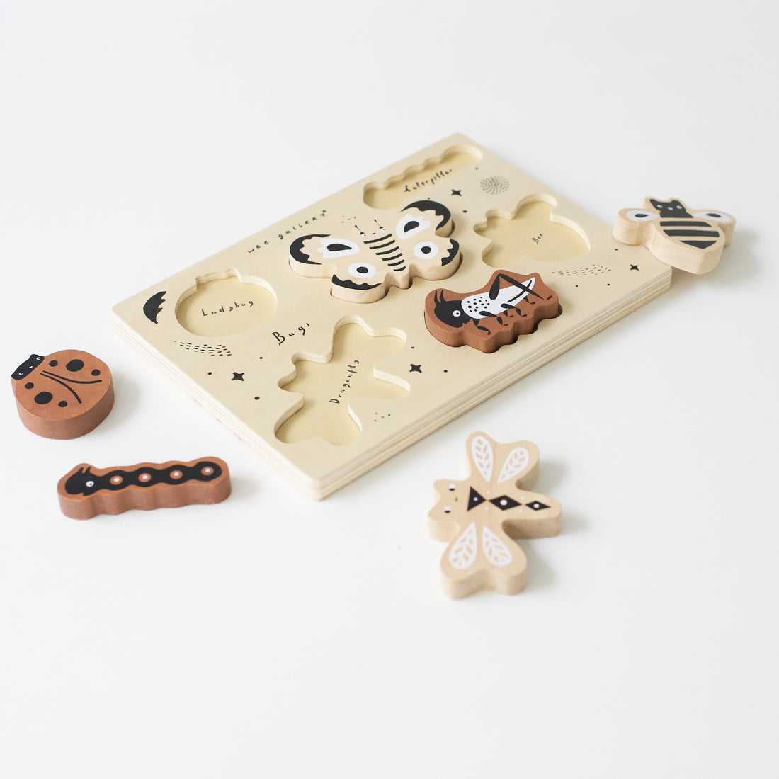 Wooden Tray Puzzle - Bugs Puzzle Wee Gallery | Eco-Friendly High-Contrast Newborn & Baby Toys   